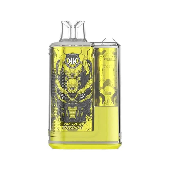 Transparent and yellow electronic vaping device with a stylized graphic design on its body.