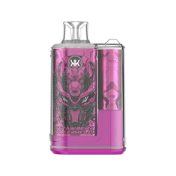 Pink electronic vaping device with a transparent top and decorative graphics.