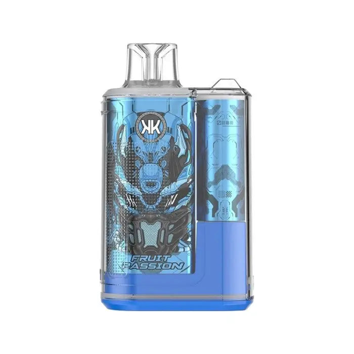 Electronic vaping device with a blue transparent body and decorative skull design.