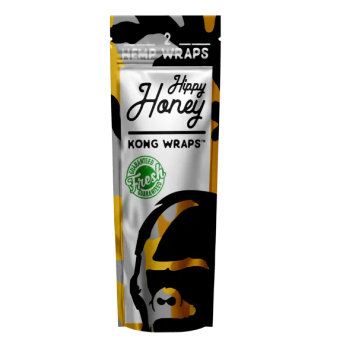 Packaging for ’Hippy Honey Kong Wraps’ with a black and yellow design featuring a stylized gorilla face.