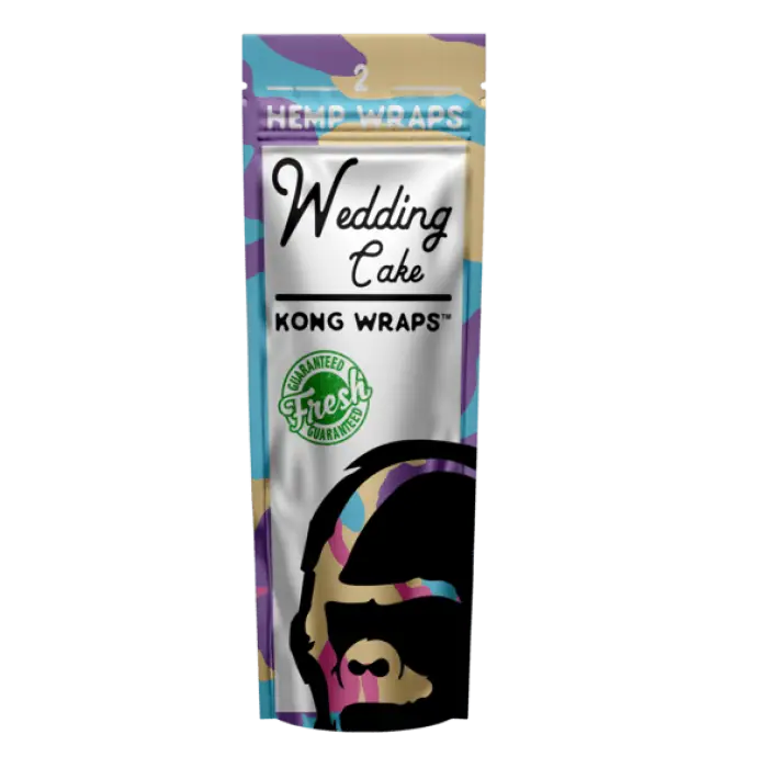 Colorful package of ’Wedding Cake’ hemp wraps featuring a stylized gorilla design.