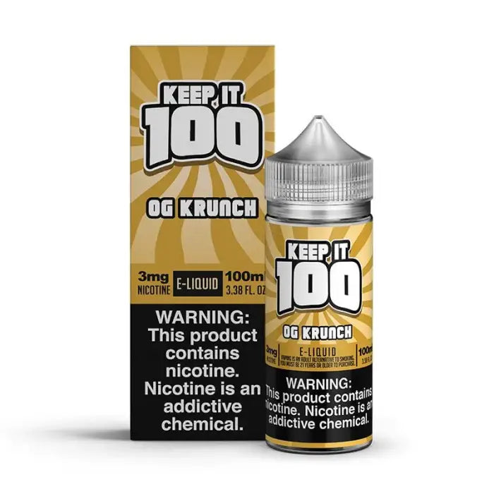 E-liquid bottle and packaging for ’Keep it 100’’ brand in ’OG Krunch’ flavor.