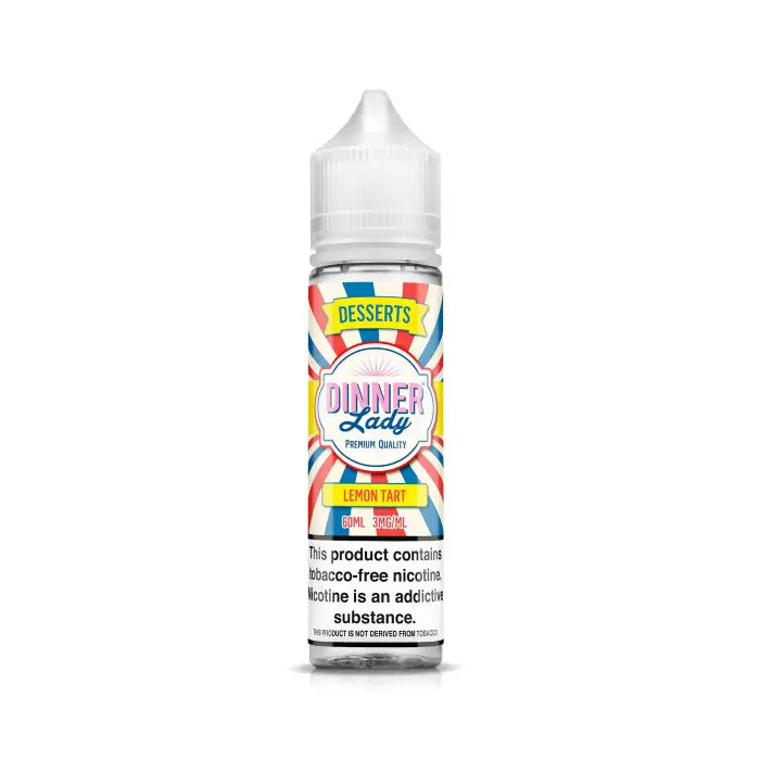 Bottle of e-liquid labeled ’Dinner Lady Desserts’ with colorful packaging.