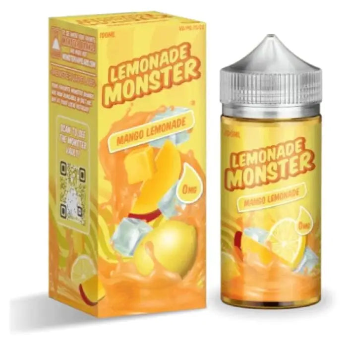 Bottle and packaging of Lemonade Monster mango lemonade-flavored e-liquid for vaping.