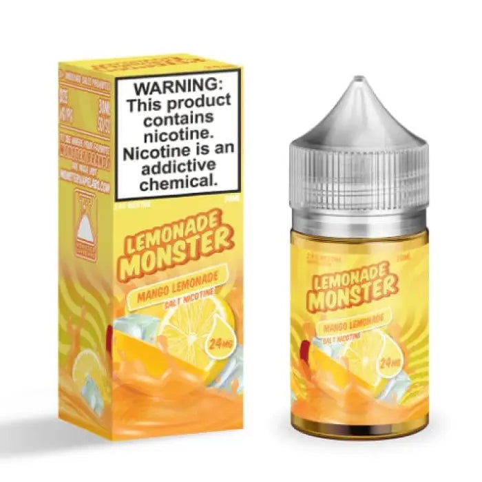 E-liquid bottle and packaging for a lemonade-flavored vaping product called ’Lemonade Monster’.