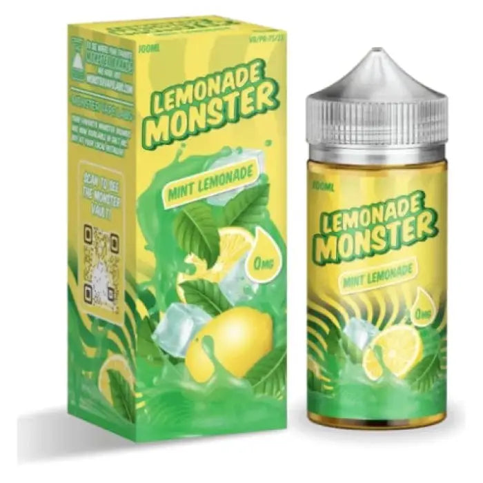 Bottle and packaging of Lemonade Monster mint lemonade e-liquid.