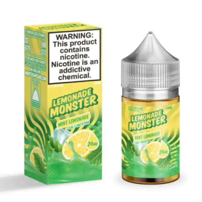 E-liquid bottle and packaging for a lemonade-flavored vape juice called ’Lemonade Monster’.