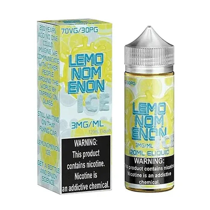 Bottle of lemon-flavored e-liquid with its packaging box.