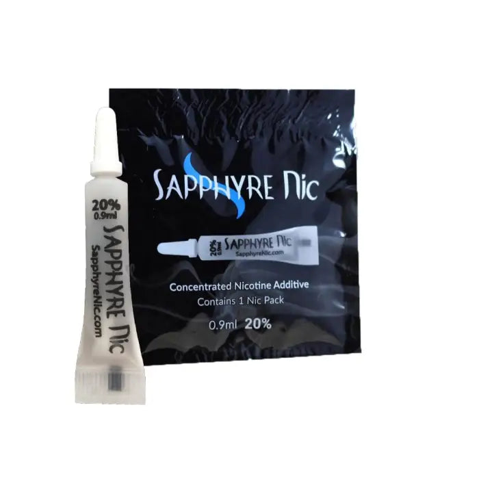 Packet and tube of Sapphyre Nic concentrated nicotine additive.