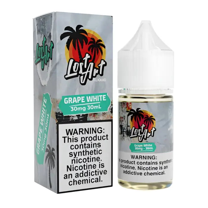 E-liquid bottle and packaging for ’Long Hit’ brand grape white flavor with 30mg nicotine strength.