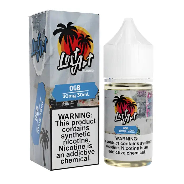 E-liquid bottle and packaging for a vaping product called ’Luv Ait’ with a tropical palm tree design.