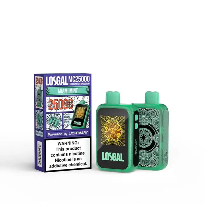 Disposable vaping device with its packaging, featuring a teal-colored unit and box with ’LOSGAL’ branding.