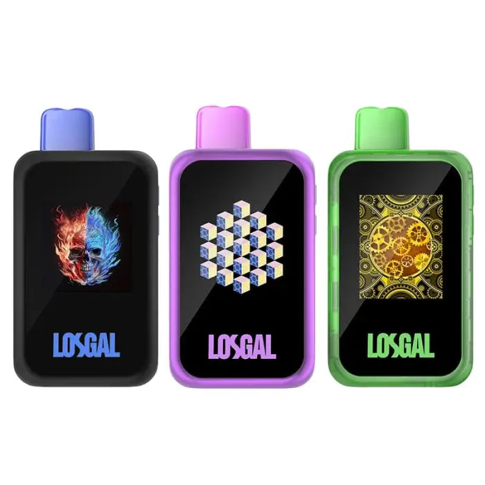 Three colorful electronic vaping devices with different display screens showing unique designs.