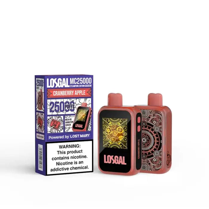 Electronic vaping device with a box of ’LOSGAL’ e-liquid in cranberry apple flavor.