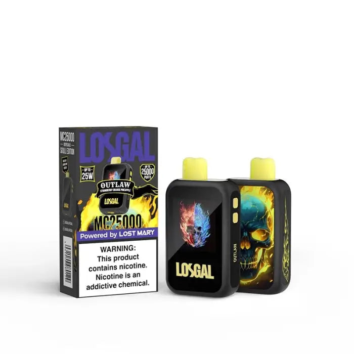 Vaping product package featuring colorful skull designs on black containers.