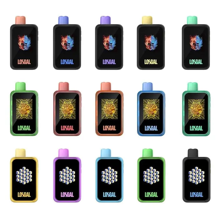 Collection of colorful vape devices or e-cigarettes with different display designs.