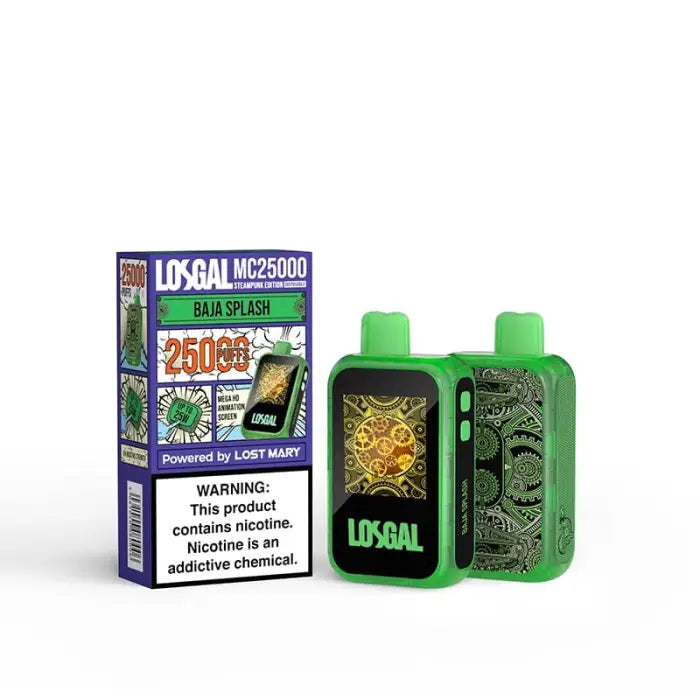 Electronic vaping device with a green body and colorful display screen, accompanied by its packaging box.