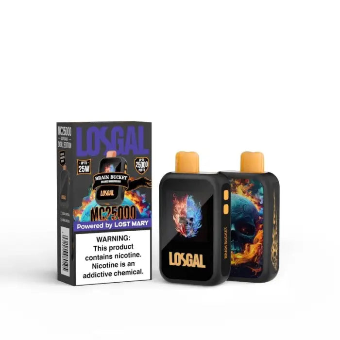 Vaping device with colorful packaging featuring a skull design and ’LEGAL’ branding.