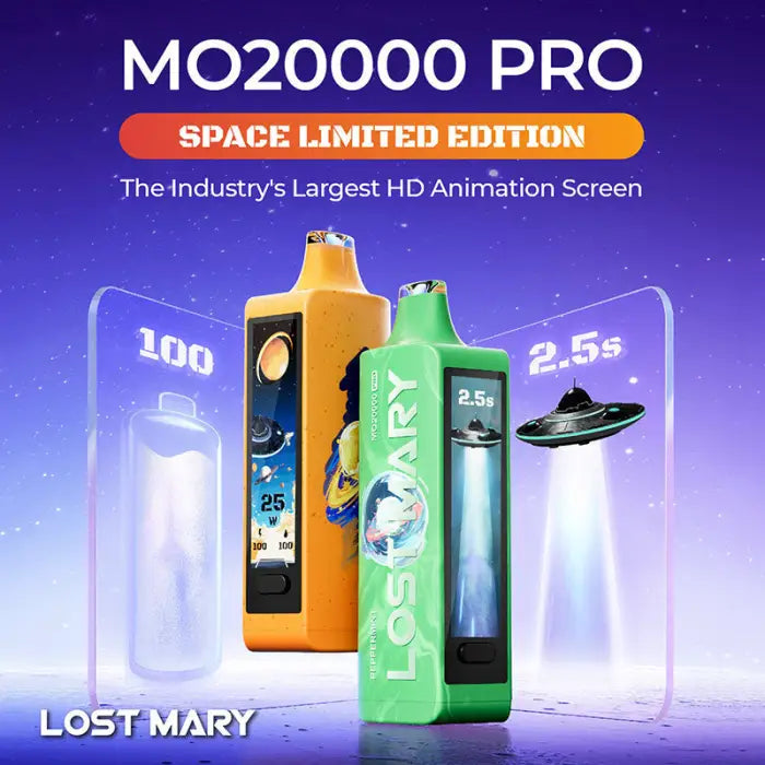 Electronic vaping device with a colorful design and HD animation screen, advertised as the ’MO20000 PRO Space Limited Edition’ by Lost Mary.