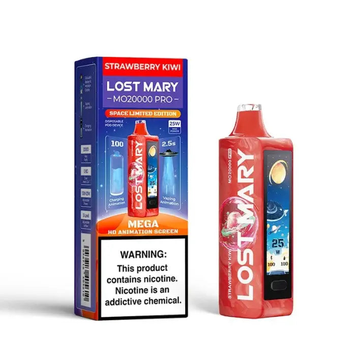 Disposable vape device in strawberry kiwi flavor called ’Lost Mary’ with packaging.