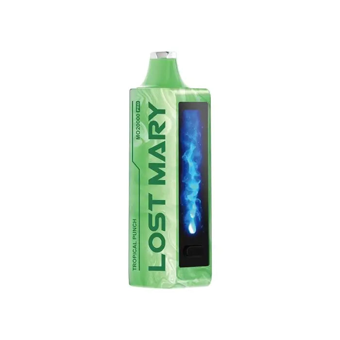 Green plastic bottle labeled ’Lost Mary’ with a blue illuminated display panel.