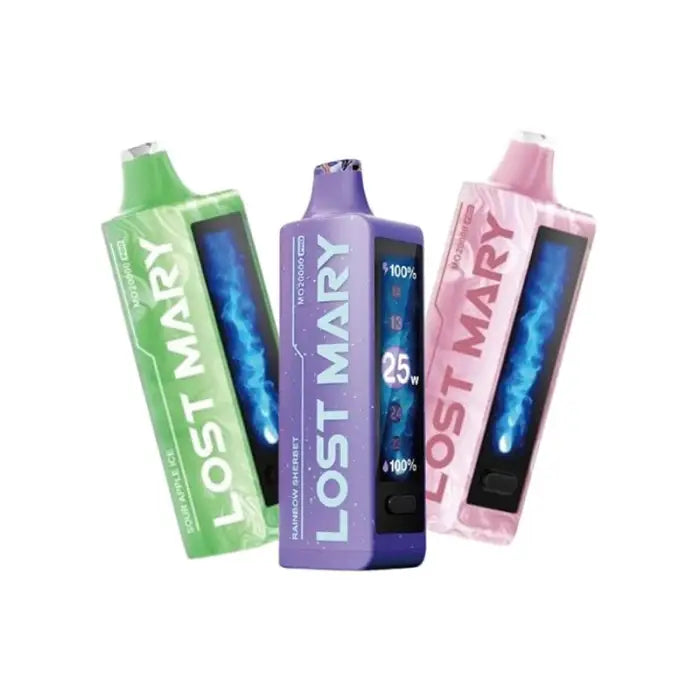 Three colorful bottles of Lost Mary vape products in green, purple, and pink.