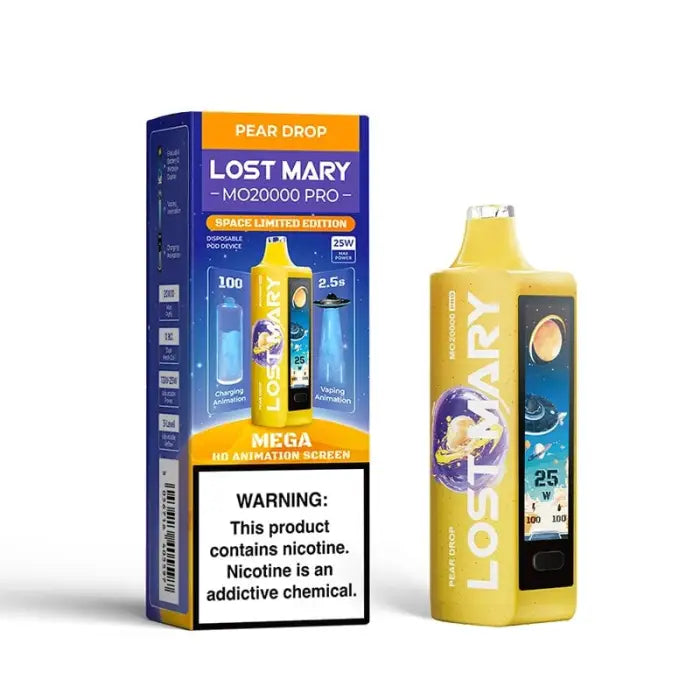 Disposable vape device called ’Lost Mary’ in yellow packaging with a blue box.