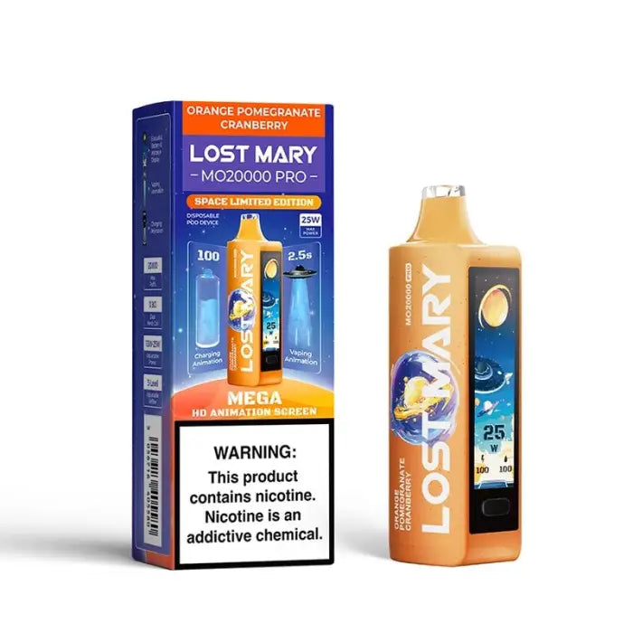 Disposable vape device called ’Lost Mary’ in orange packaging with a flavor labeled ’Orange Pomegranate Cranberry’.