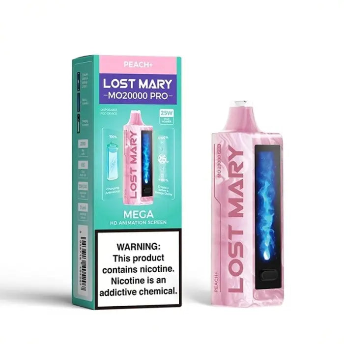 Disposable e-cigarette device in pink packaging with ’Lost Mary’ branding.