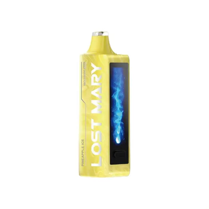 Yellow aerosol spray can with ’LOST MARY’ branding and a blue display window.