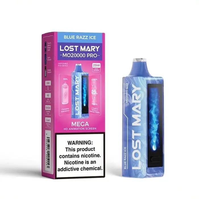 Disposable e-cigarette device in blue packaging labeled ’Lost Mary’ with a pink retail box.