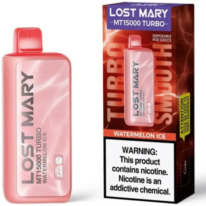 Disposable e-cigarette device in pink packaging labeled ’Lost Mary’ with watermelon ice flavor.