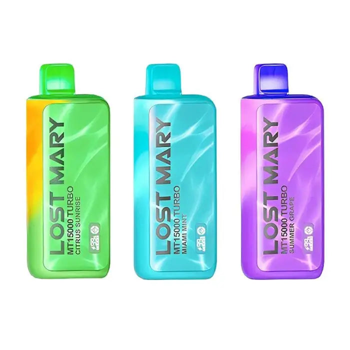 Three colorful plastic bottles of Lost Mary brand vape liquid in green, blue, and purple.