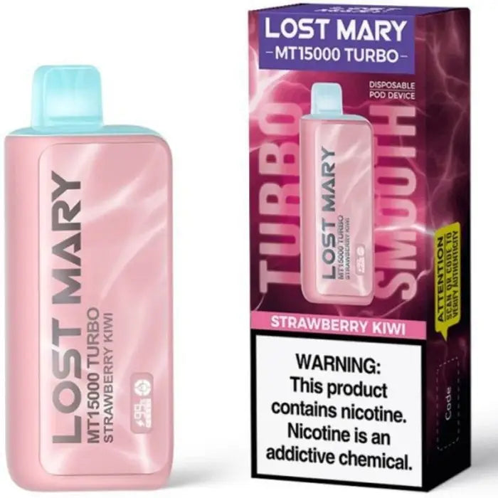 Disposable vape device in pink packaging labeled ’Lost Mary’ with strawberry kiwi flavor.