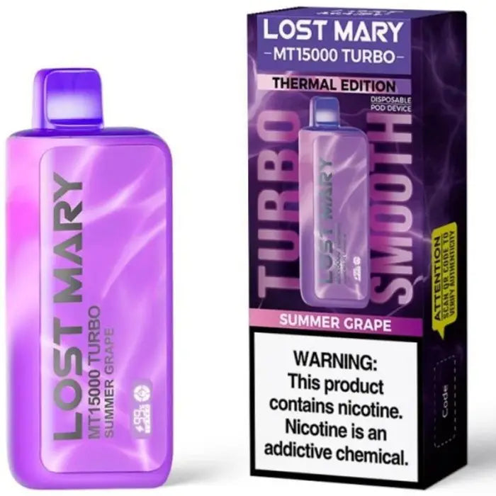 Disposable vape device in bright purple packaging labeled ’Lost Mary’ with a grape flavor.