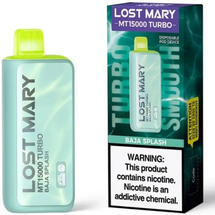 Disposable vape device called ’Lost Mary MT15000 Turbo’ in mint green color.