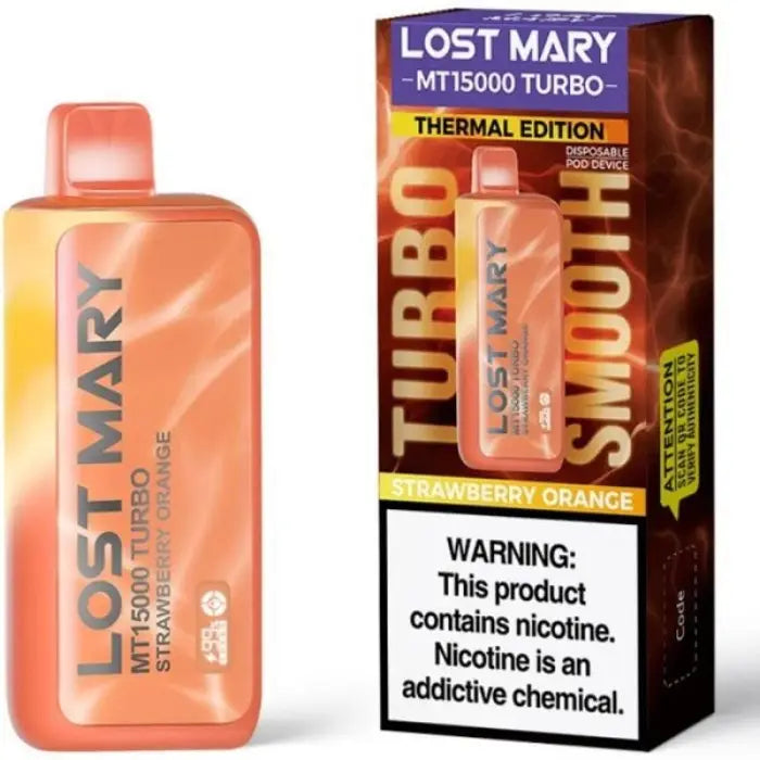 Disposable vape device in peach color with ’Lost Mary’ branding.