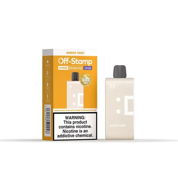 Vaporizer device and its packaging for an e-cigarette product called ’Off-Stamp.’