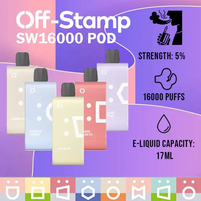 Disposable vape device called Off-Stamp SW16000 POD with 16000 puffs and 17mL e-liquid capacity.