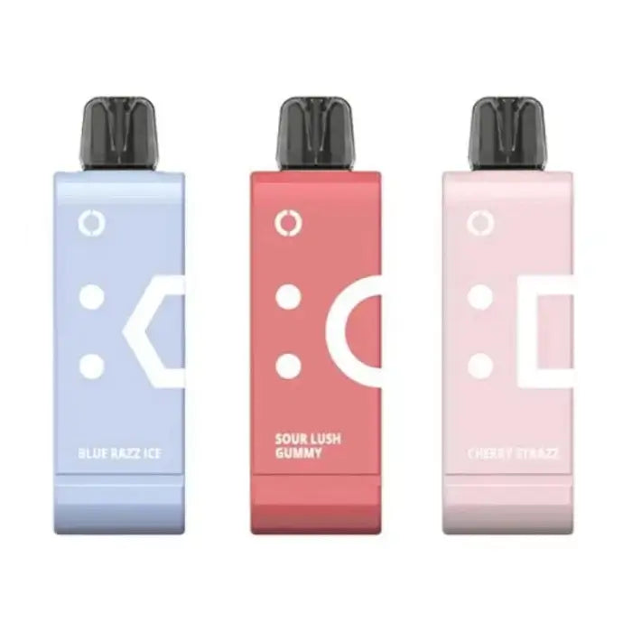 Three colorful rectangular bottles or containers with black caps, each in a different pastel shade.