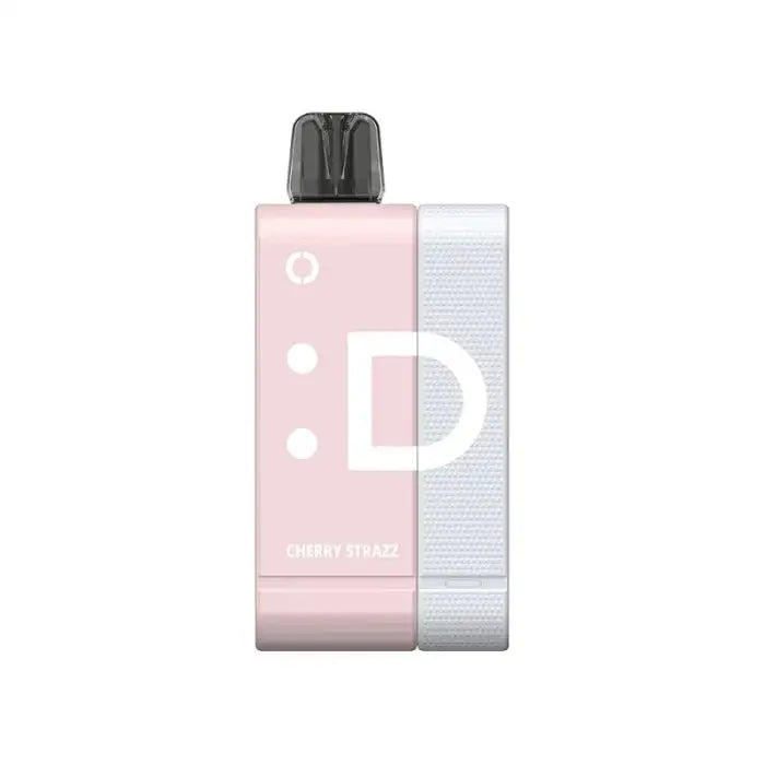 Pink and white bottle with a black cap, labeled with a large ’D’ and dots.