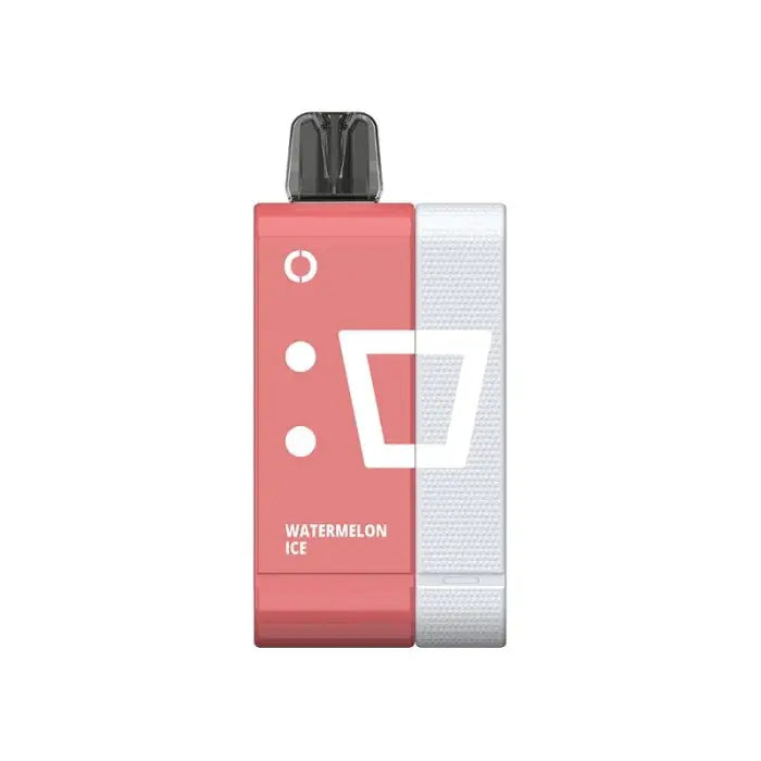 Disposable vape device with ’Watermelon Ice’ flavor in pink and white packaging.