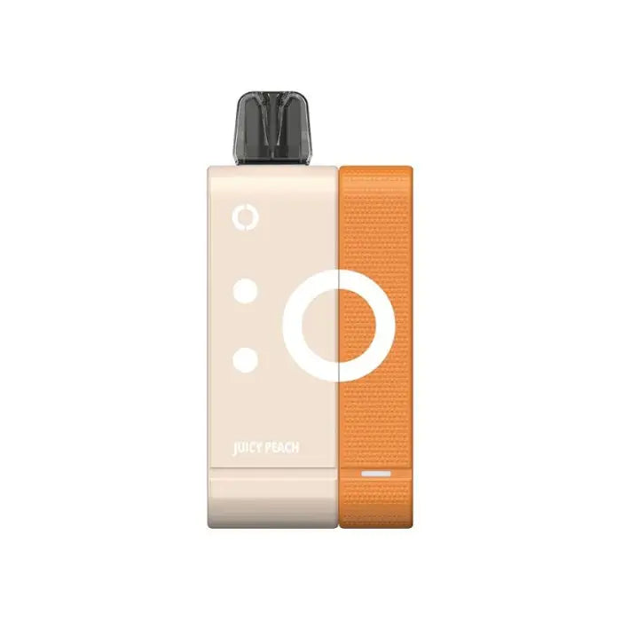 Sleek electronic vaping device with beige and orange color blocks.