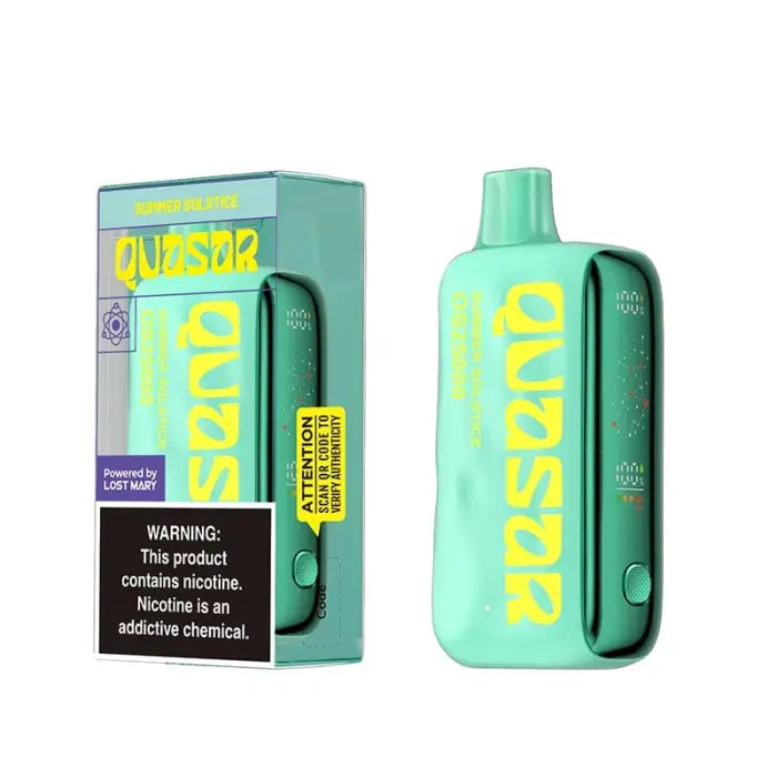 Disposable vape device in mint green color with yellow ’Quasar’ branding.