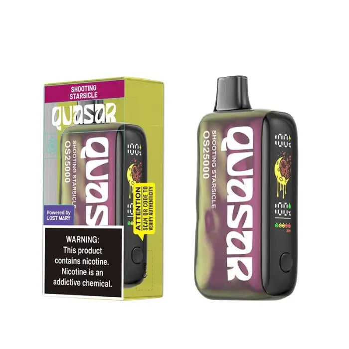 Disposable vape device with its packaging, branded as ’Quasar’ in purple and green colors.