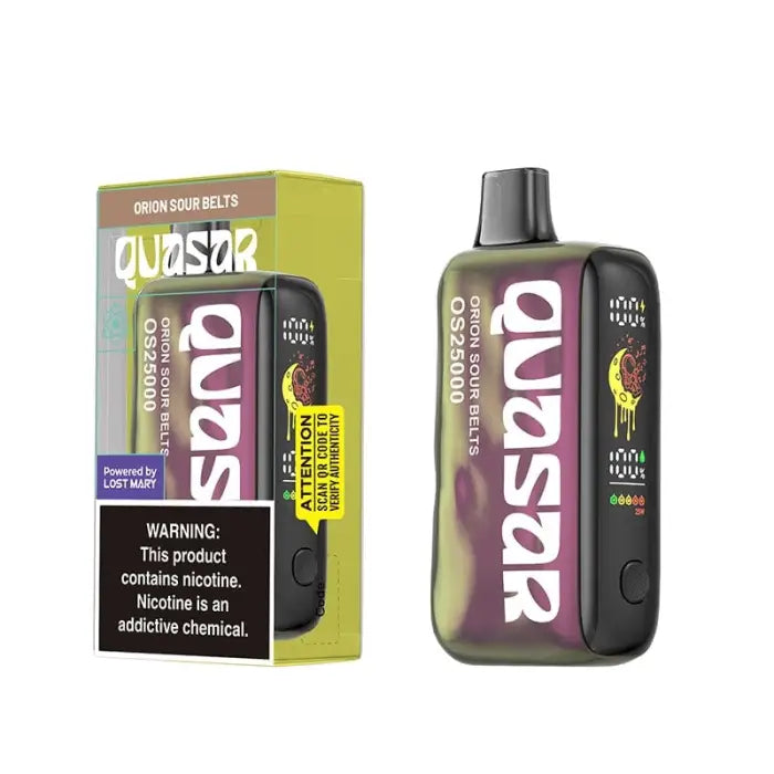 Disposable vape device with its packaging, branded as ’Quasar’ in green and purple colors.