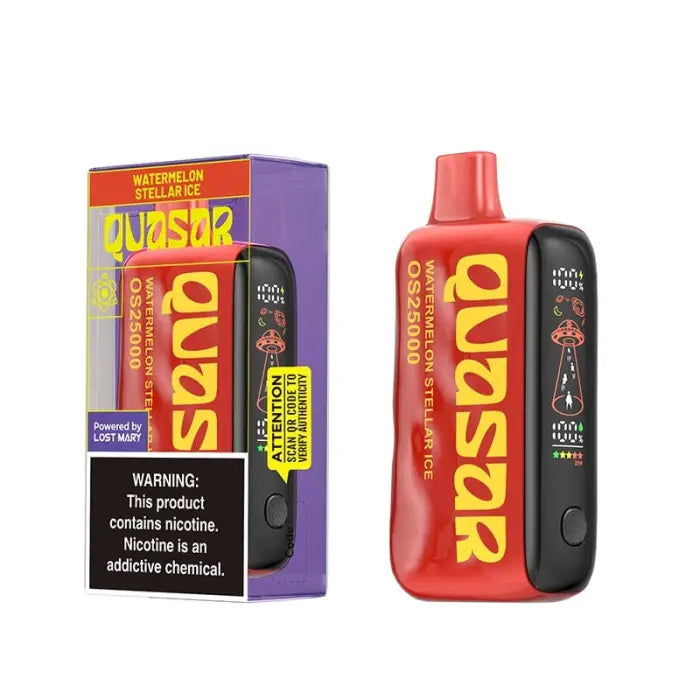 Disposable vape device with colorful packaging labeled ’Quasar’ in watermelon flavor.