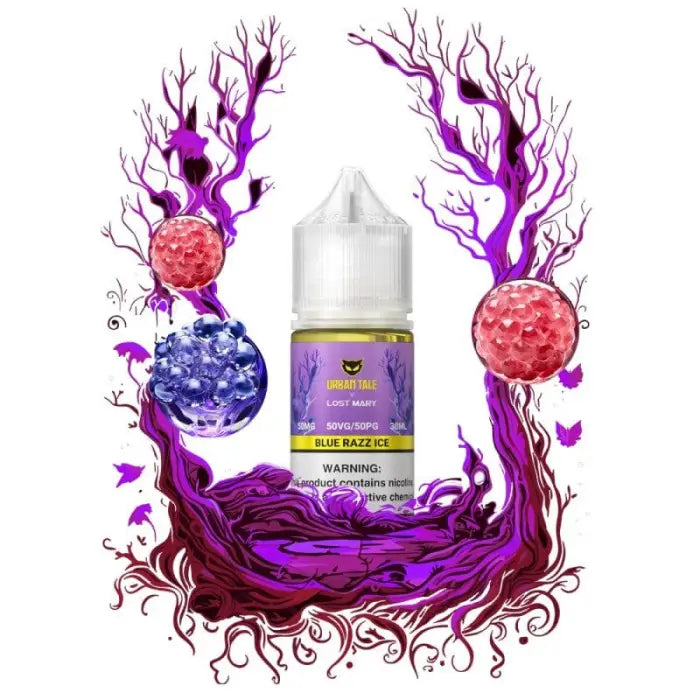 Bottle of e-liquid or vape juice with a purple label surrounded by artistic floral and branch-like designs.