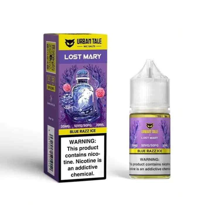 E-liquid bottle and packaging for ’Lost Mary’ flavor by Urban Tale, featuring a purple and yellow color scheme.