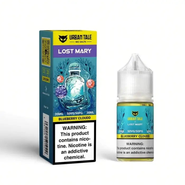 E-liquid bottle and packaging for ’Lost Mary’ flavor by Urban Tale, featuring blueberry and cloud flavors.